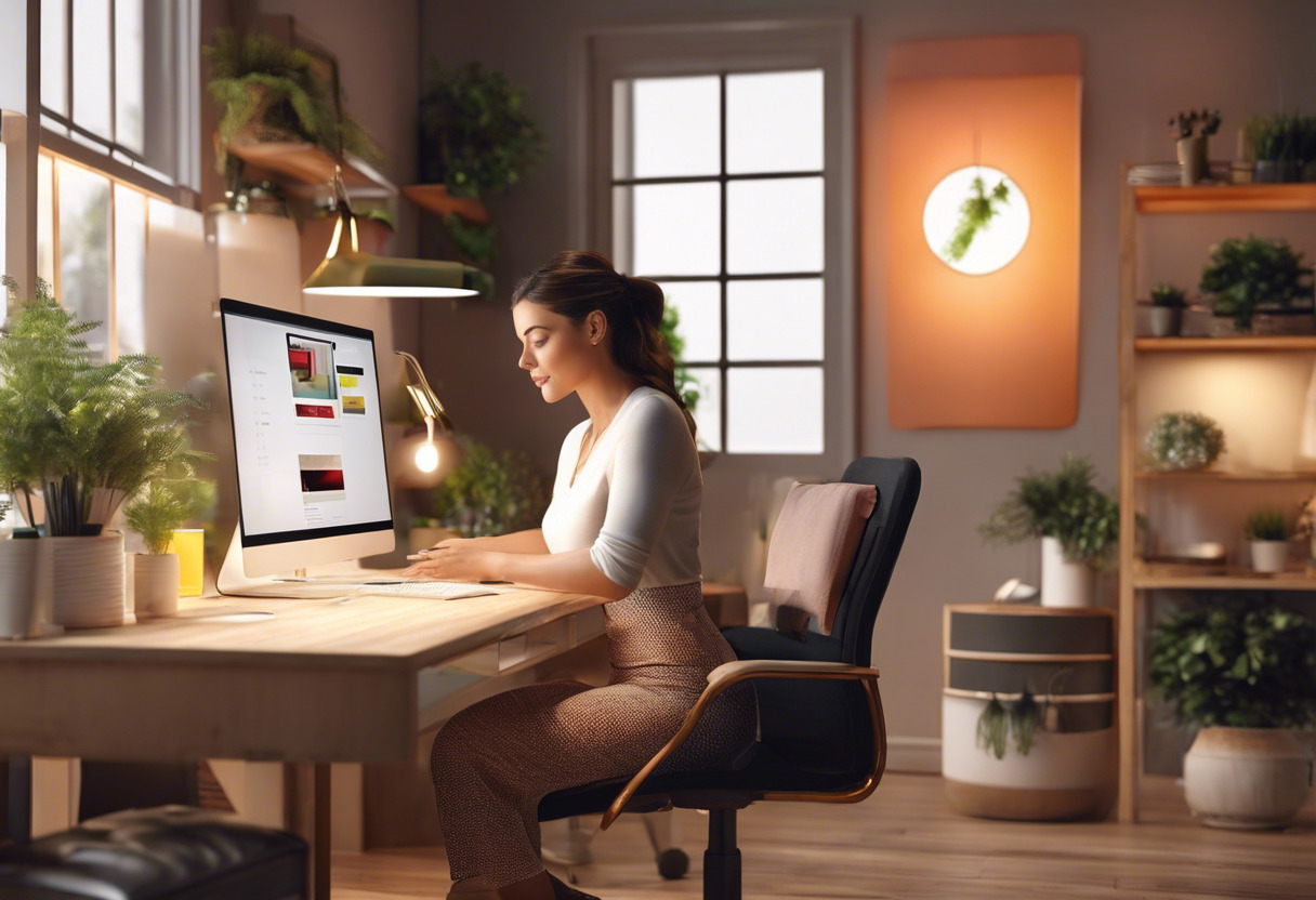 Colorful design of a small business owner adding product listings on her GoDaddy ecommerce store in a well-lit home office