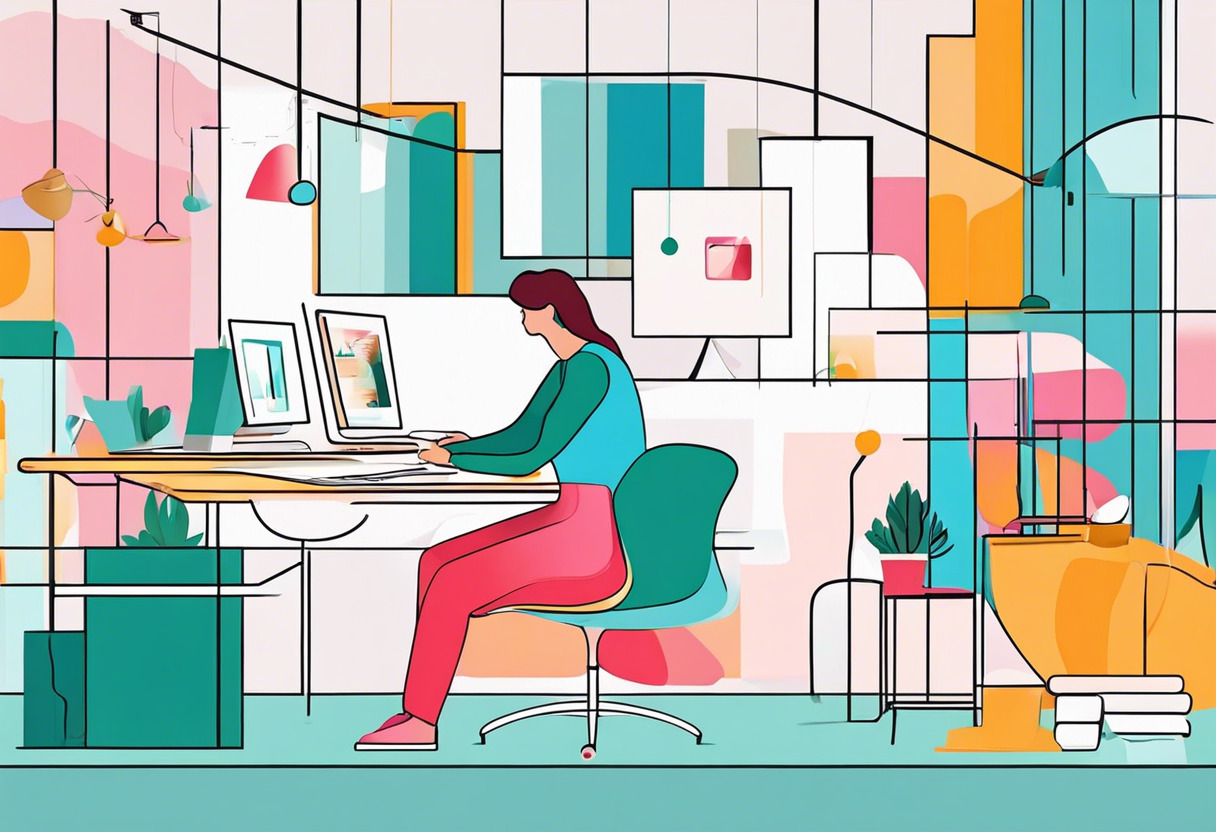Colorful designer creating a vector illustration in a modern workspace