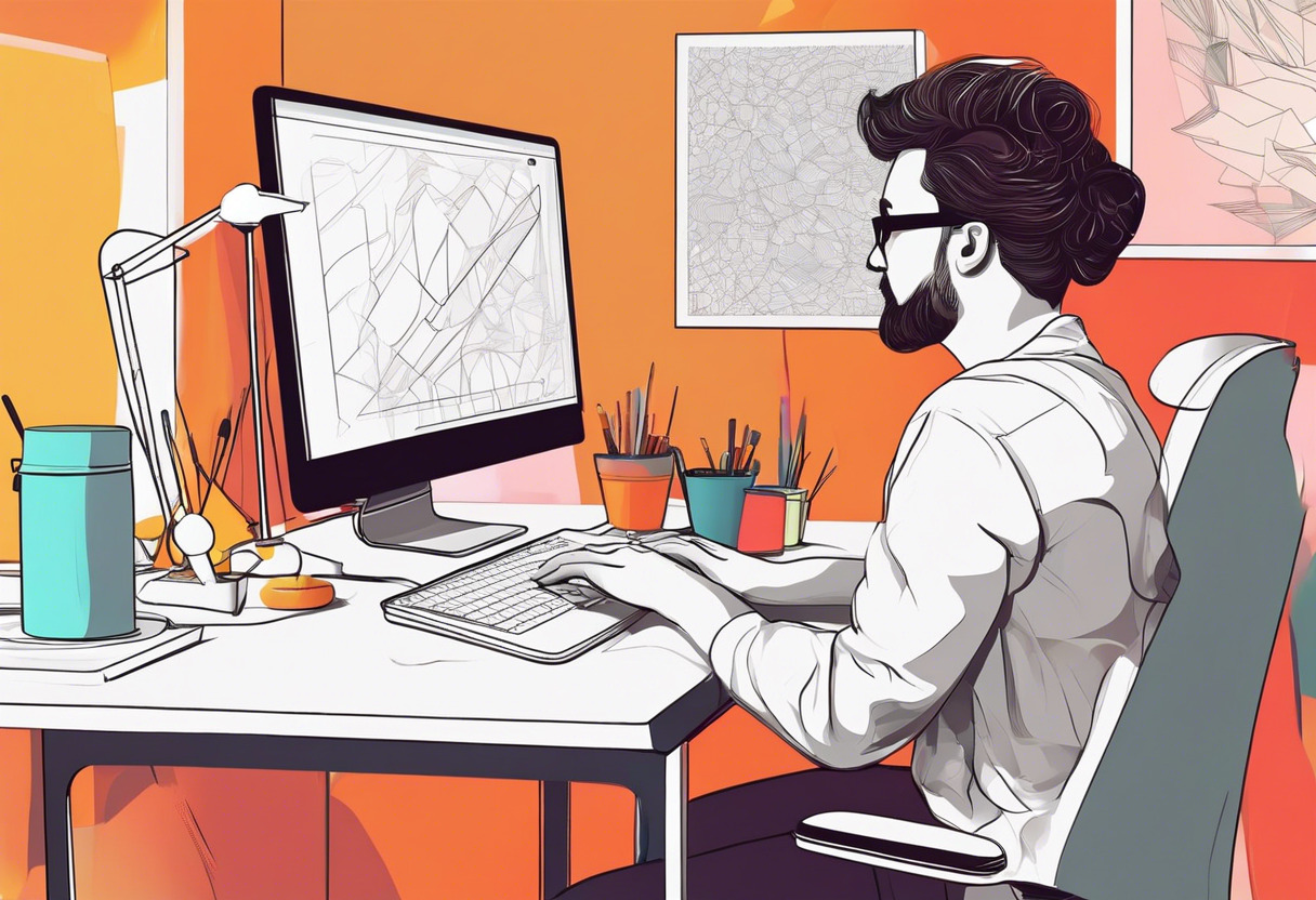 Colorful designer meticulously refining an image in a digital studio