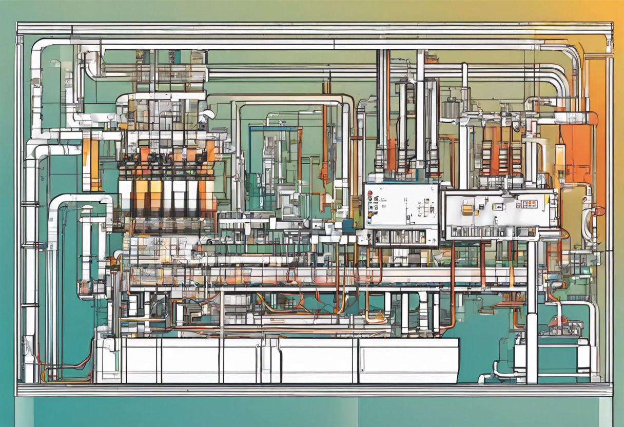 Colorful diagram of a compact PLC connected to different parts of a manufacturing system in a factory