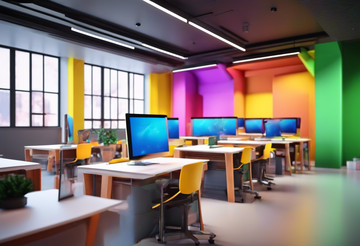 Colorful digital classroom with a motivated entrepreneur creating an online course