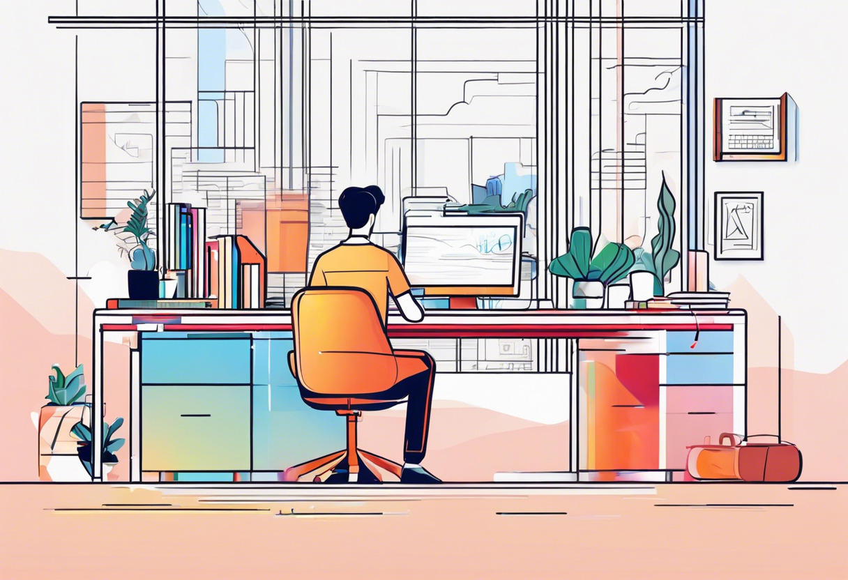 Colorful digital concept of a student learning from Coursera at his conventional office desk