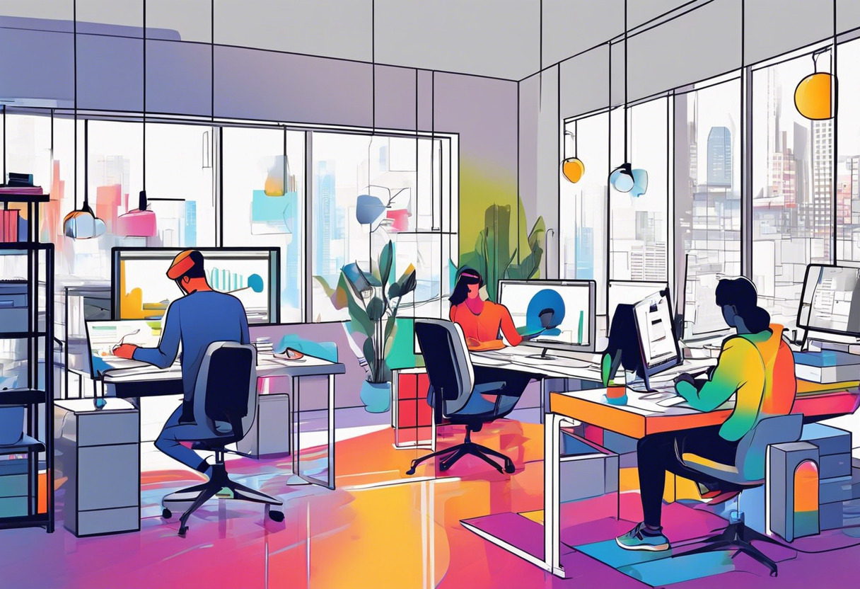 Colorful digital graphic designers at work in a tech startup's creative office