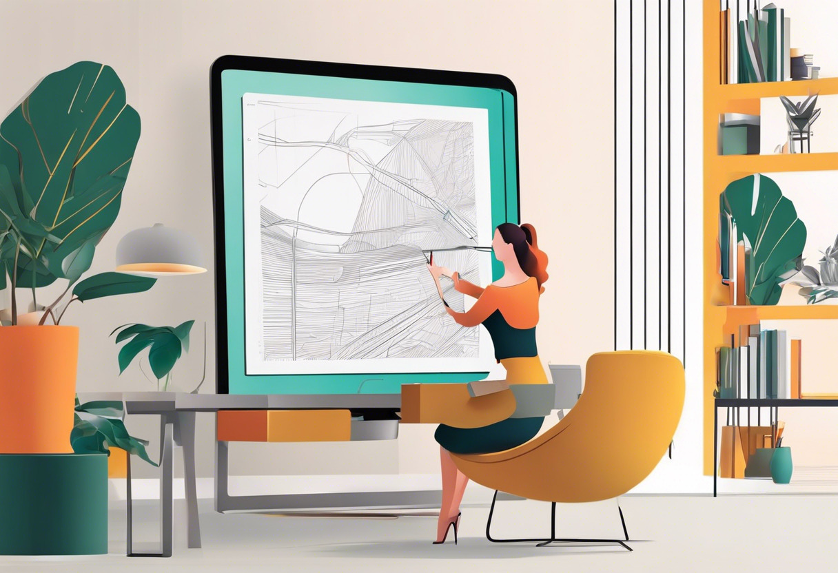 Colorful digital illustrator designing vector graphics on an iPad in a home office