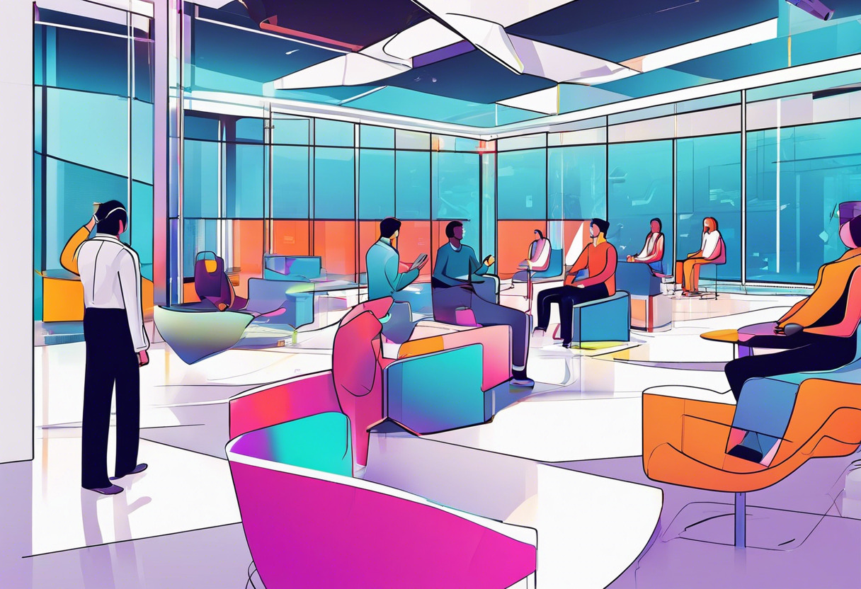 Colorful digital visualization of learners interacting with LearnUpon's VR-based platform within a futuristic training room