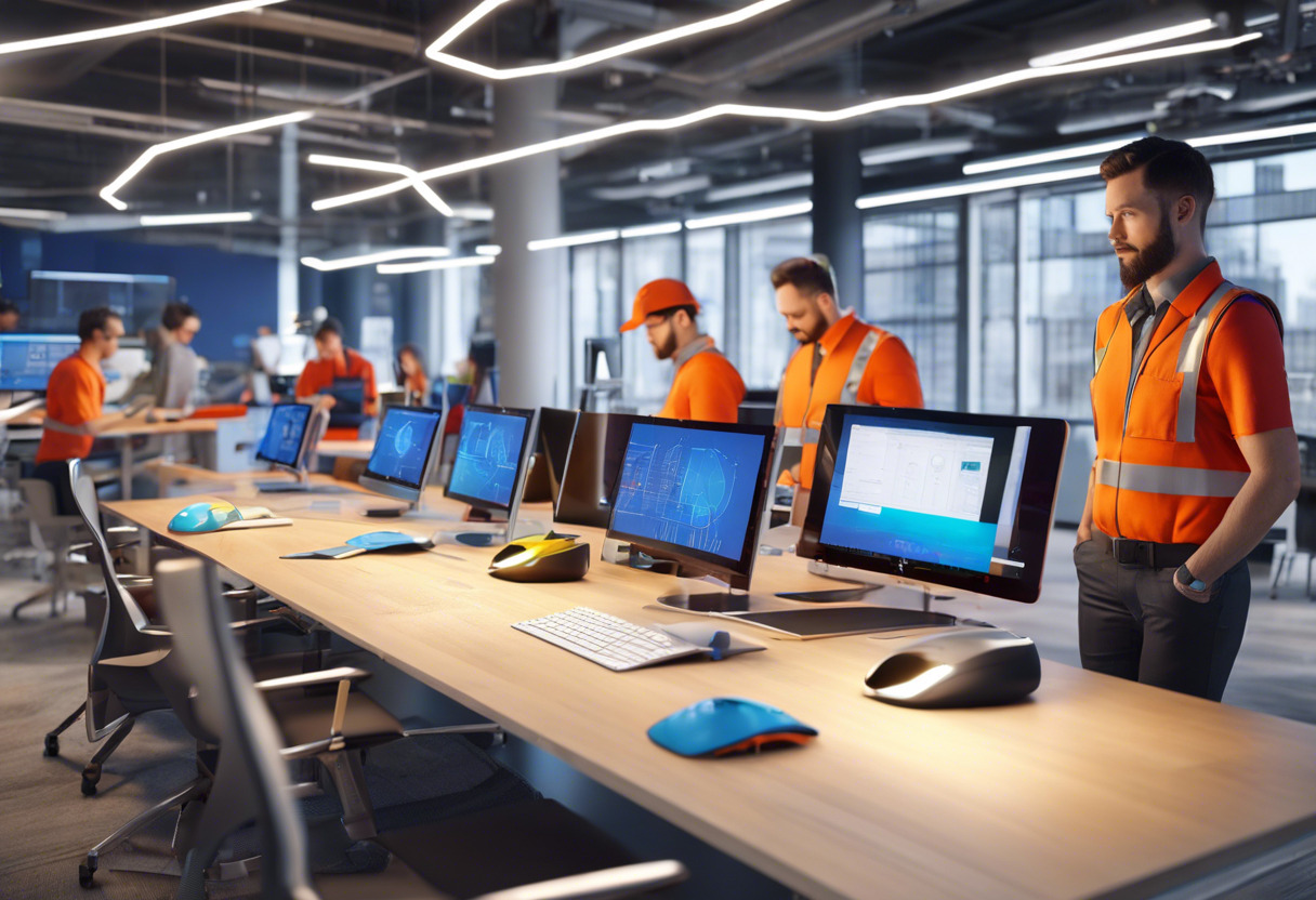 Colorful display of a team of engineers using Onshape on various devices in a modern office space