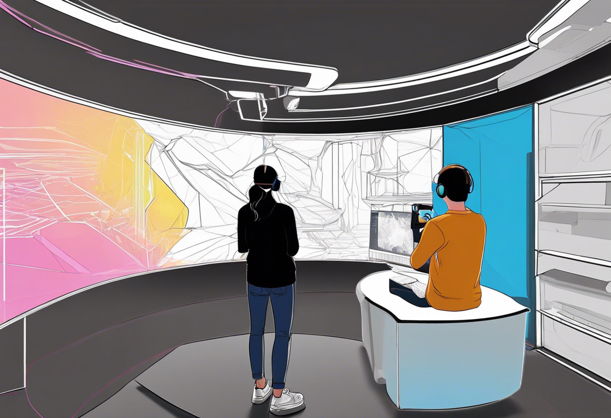 Colorful display of VRChat user with their custom-designed avatar in a virtual reality room