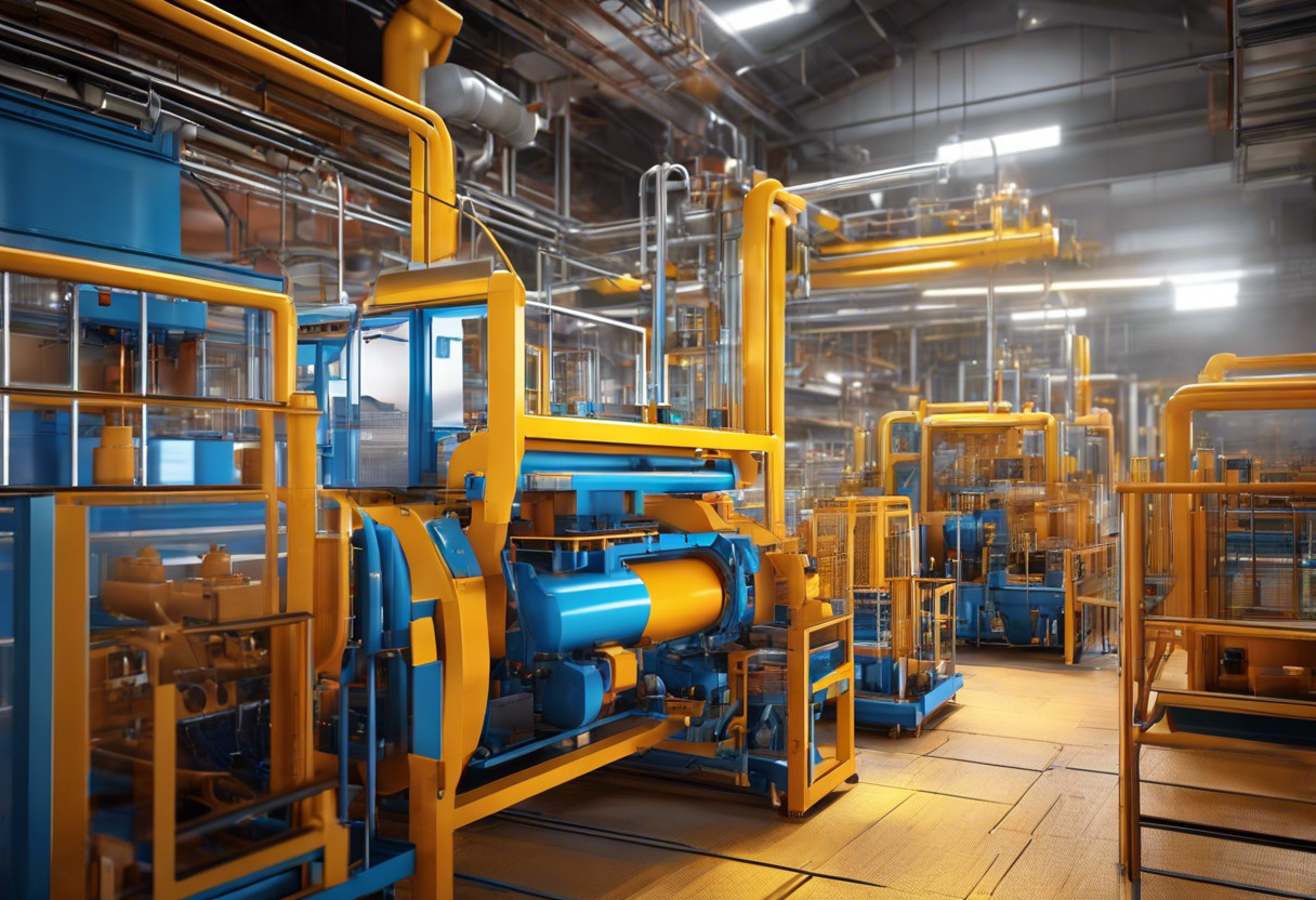 Colorful factory floor packed with PLC integrated machinery