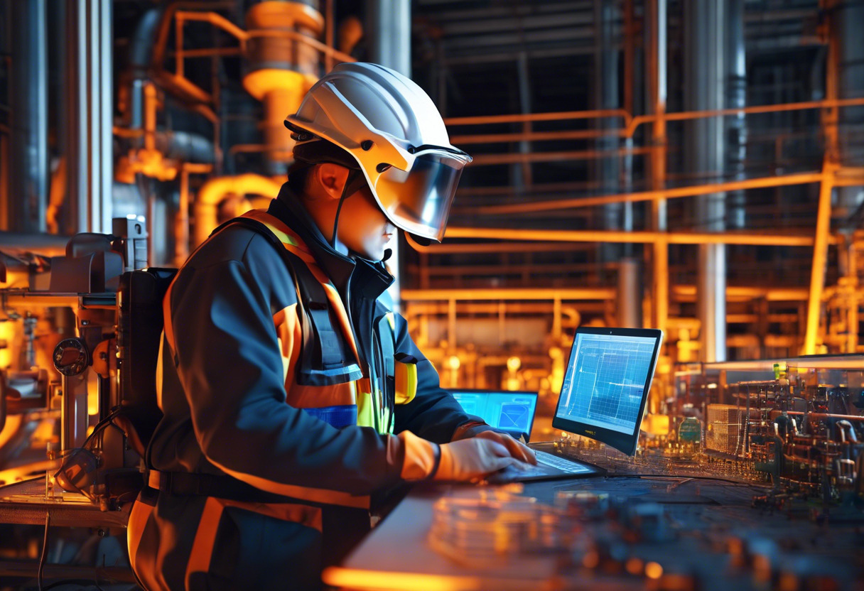 Colorful field engineer monitoring data in a power plant