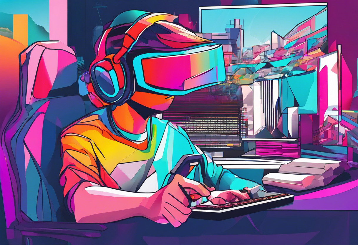 Colorful gamer engaged in a vivid VR world created by Meta Quest 2