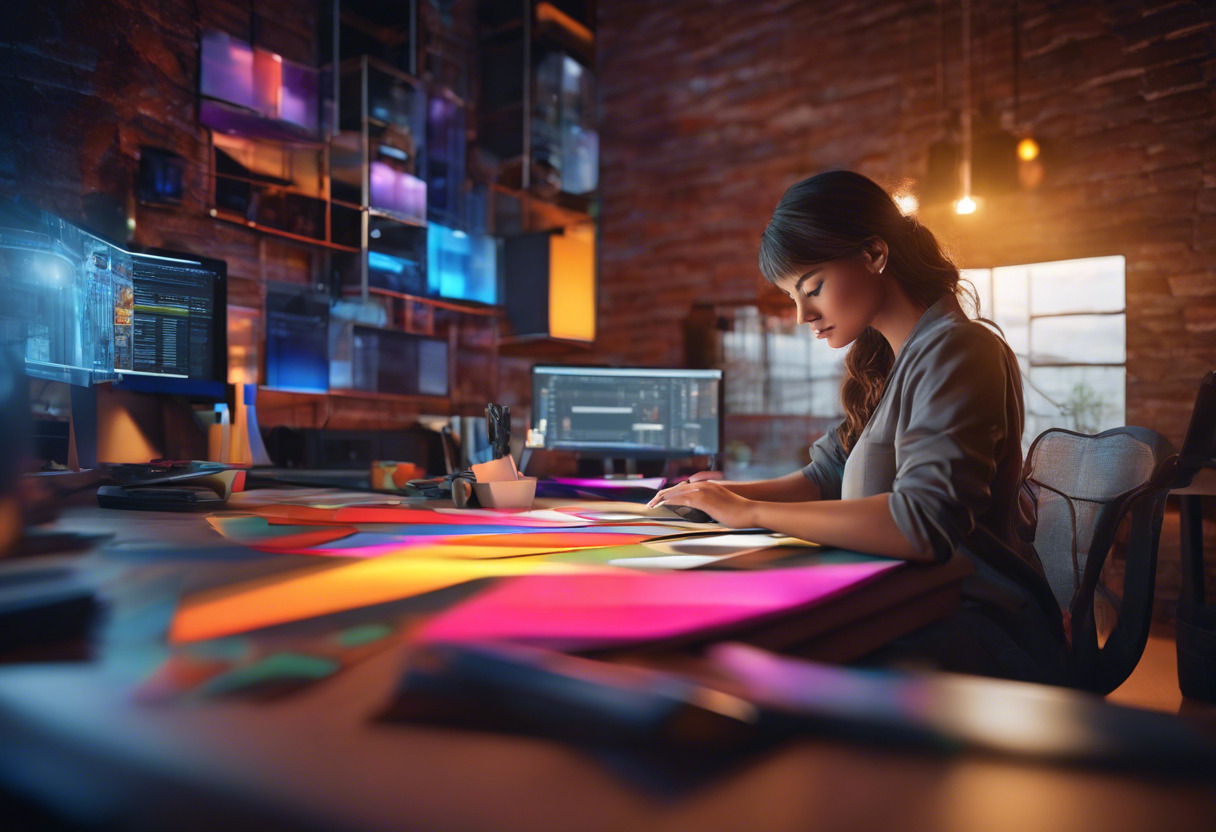 Colorful glimpse of a graphic designer working on Adobe Lightroom