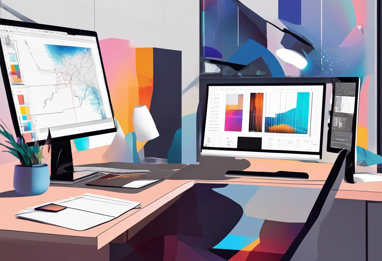 Colorful graphic designer adjusting images in Photoshop in a digital studio