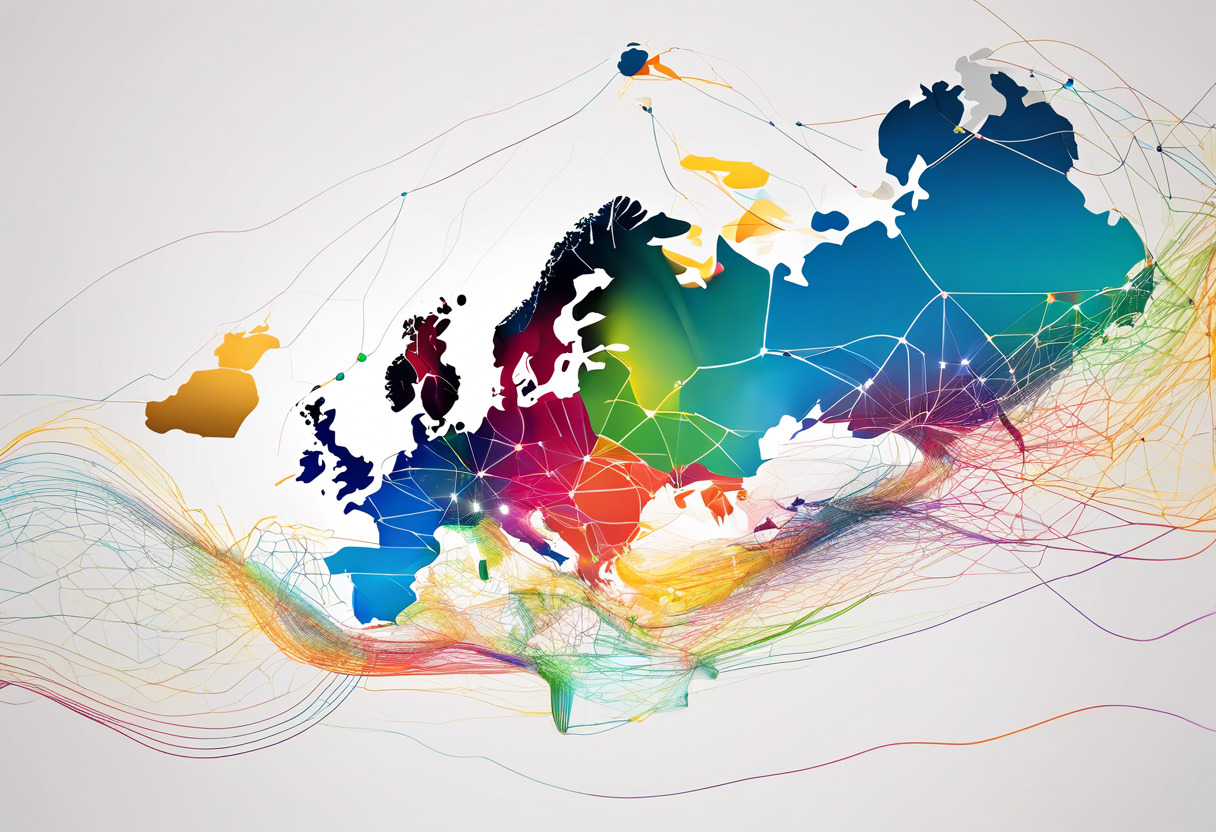 Colorful graphic representation of Docebo's diverse connectivity, showcasing a global map and network nodes