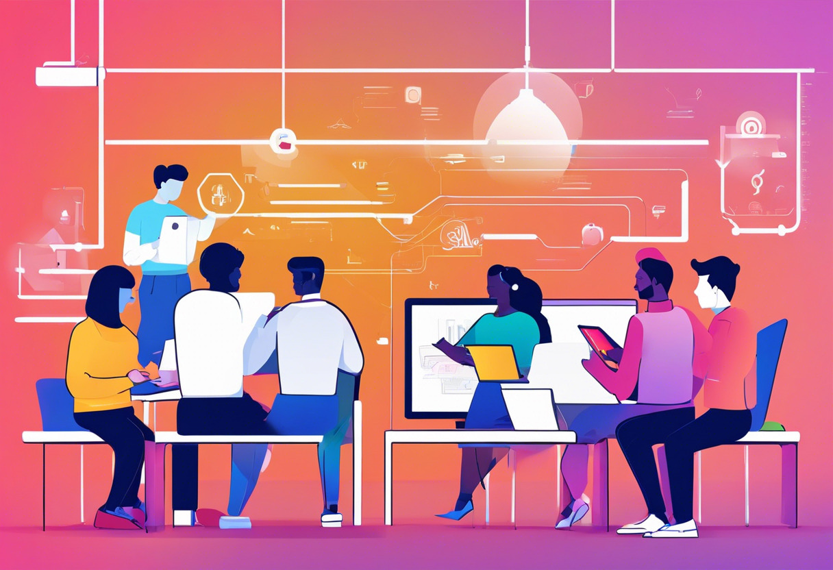 Colorful graphic representing online learning, showing a diverse group of people interacting with various technology devices in a digital classroom