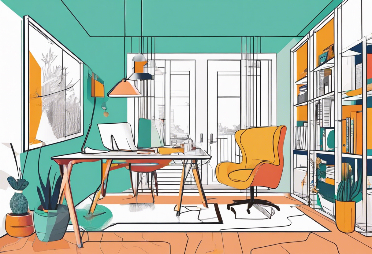 Colorful home office with a creative professional working on course materials