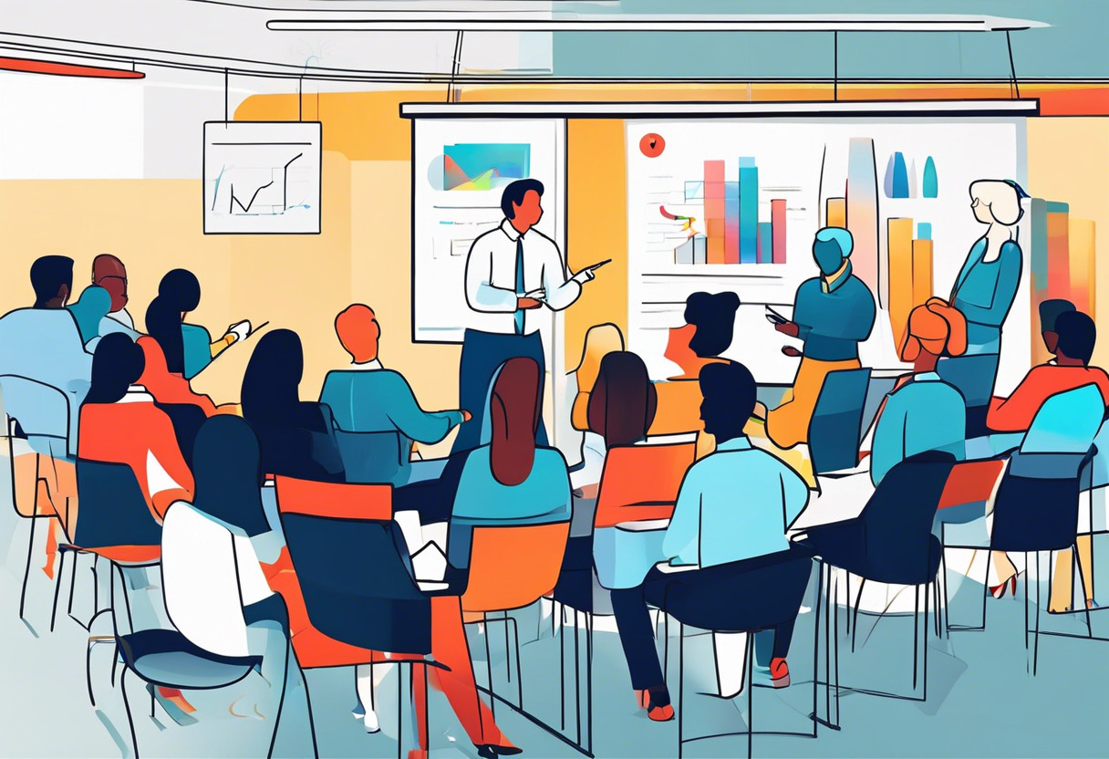 Colorful illustration of a corporate training session powered by Circle LMS