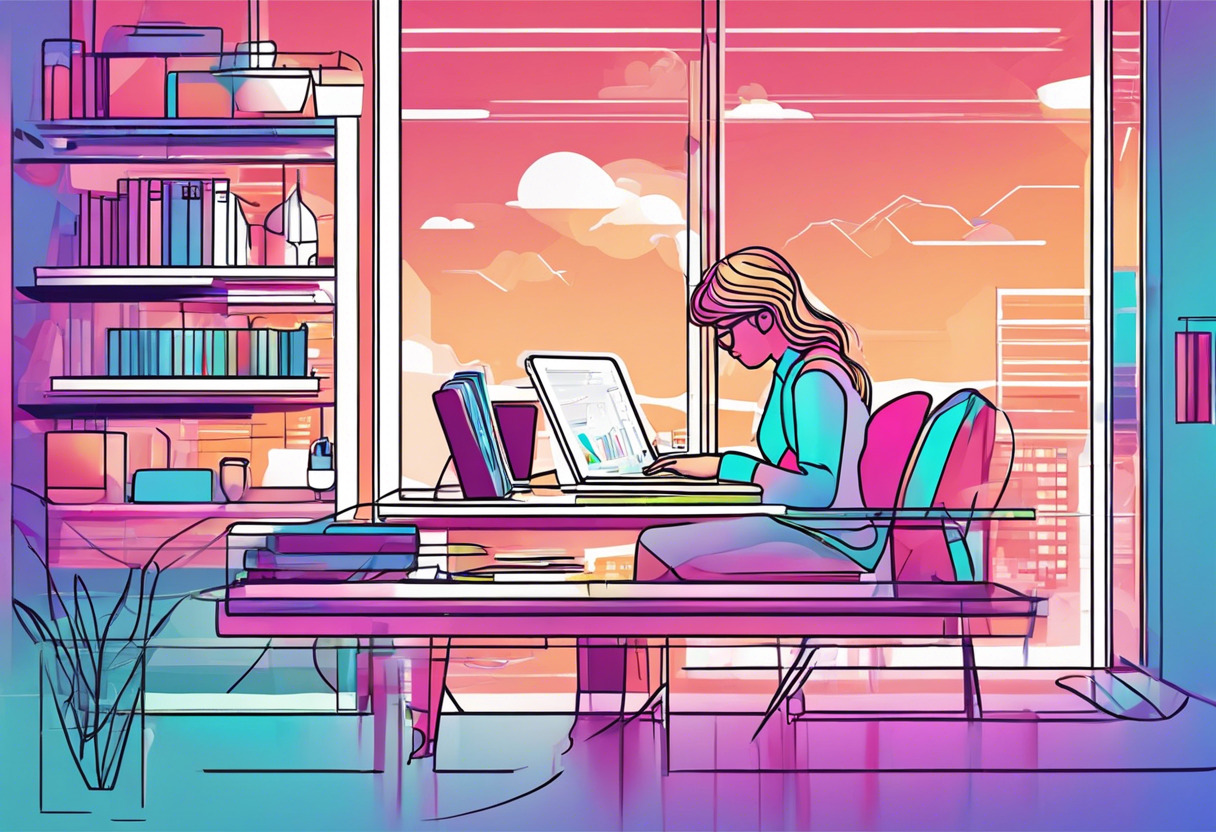 Colorful illustration of a creative individual working on Figma at a tech-inspired workspace