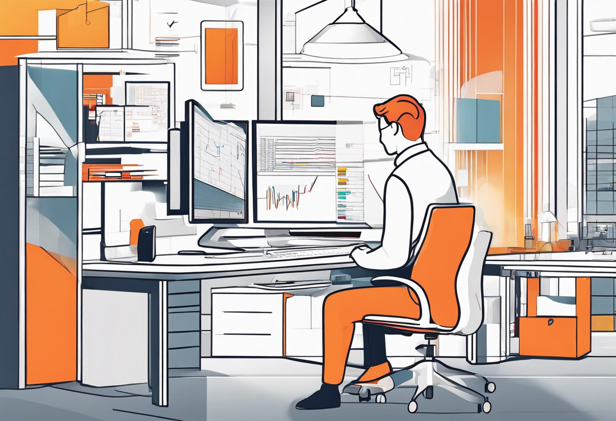 Colorful illustration of a data analyst working on HCI in a modern tech office