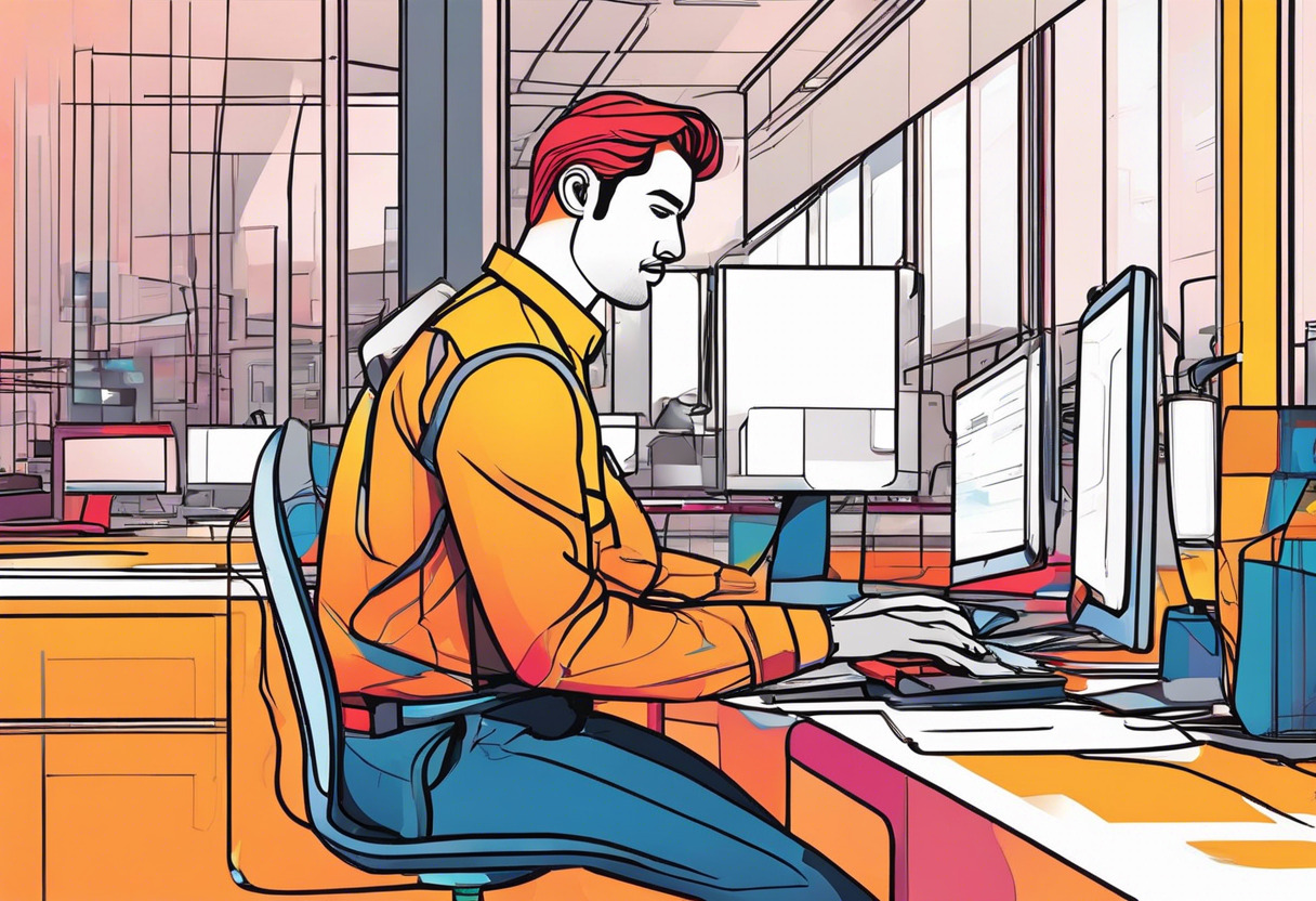 Colorful illustration of a design engineer working on a Mac in a vibrant technopark