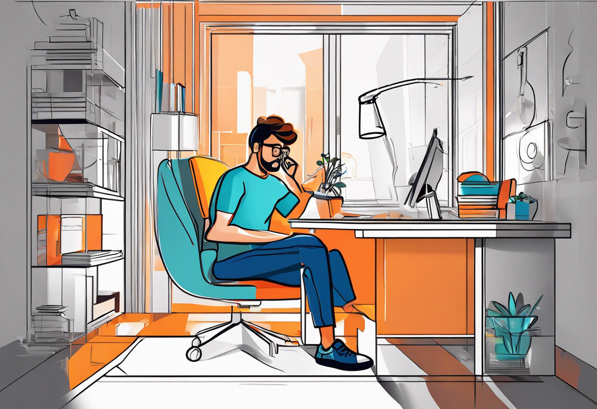 Colorful illustration of a developer refining a dynamic 3D character in Fyrox in a peaceful home office