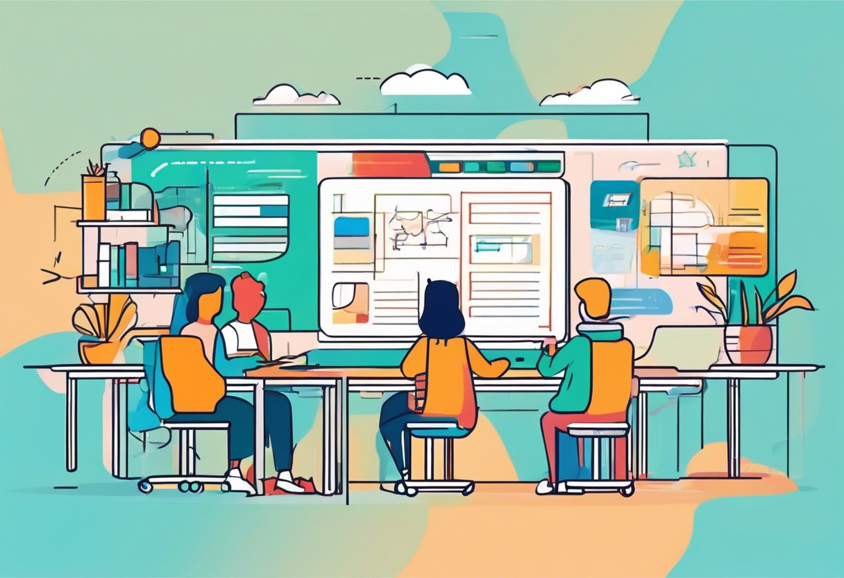 Colorful illustration of a digital classroom with diverse international students interacting via Moodle interface