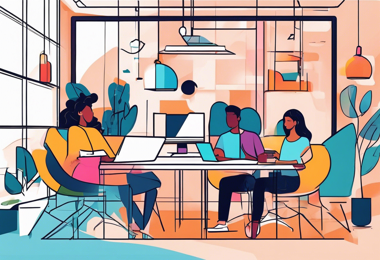 Colorful illustration of a diverse group of entrepreneurs planning their online business strategy in a modern co-working space
