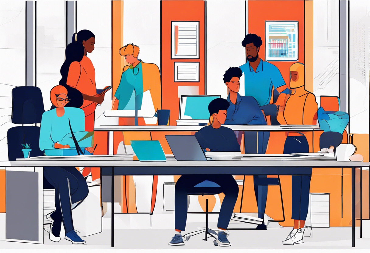 Colorful illustration of a diverse training team using TalentLMS in a modern office