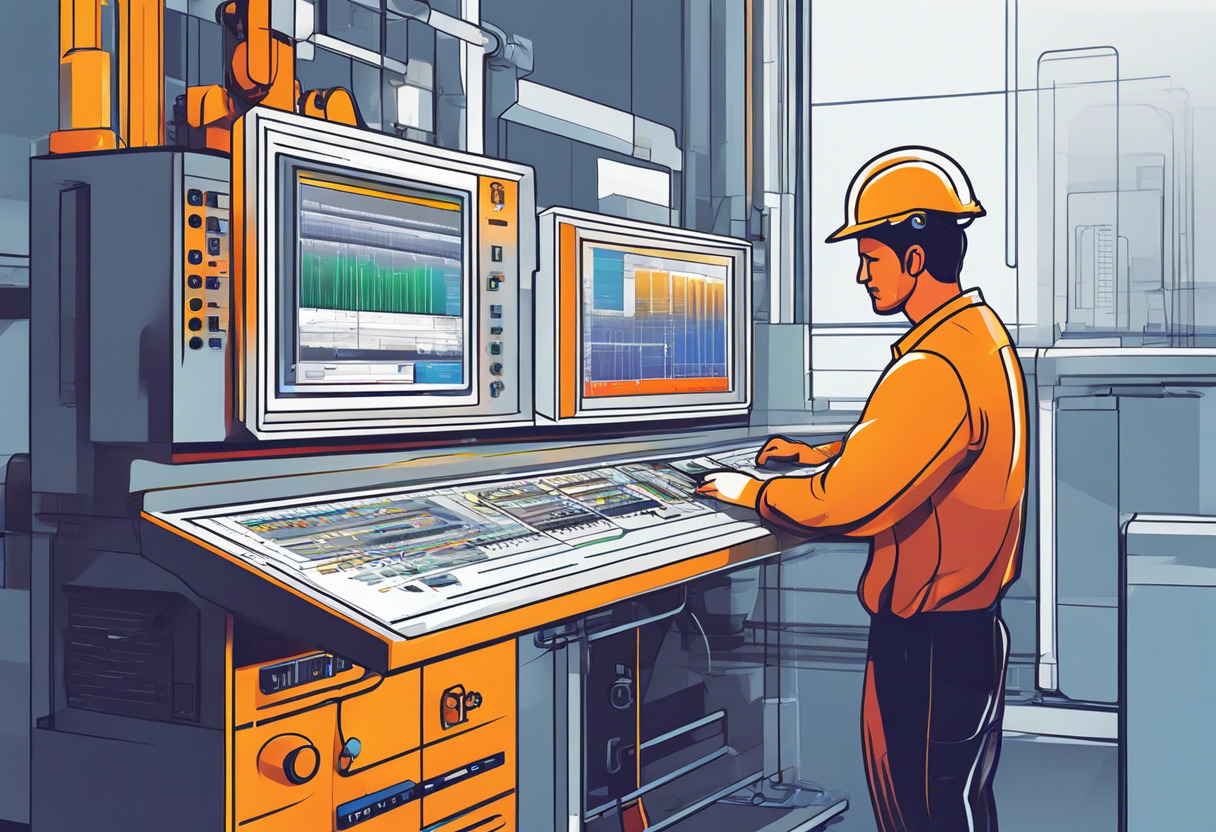 Colorful illustration of a factory worker monitoring production processes on a PLC-enabled interface