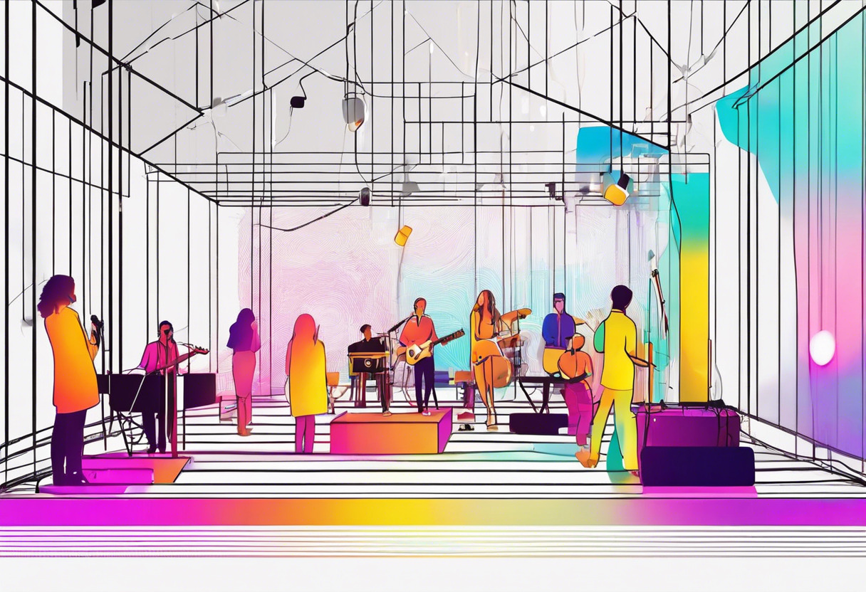 Colorful illustration of a Jitter developed music installation with live performers