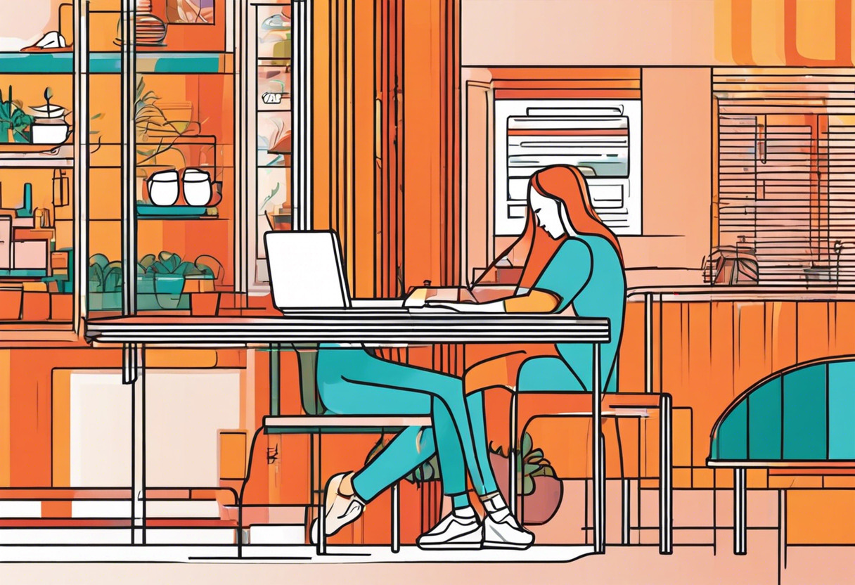 Colorful illustration of a person accessing Moodle on their laptop from a cafe
