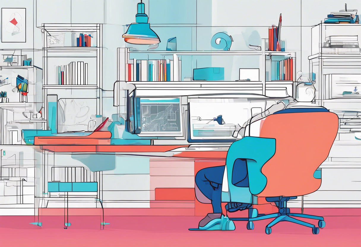 Colorful illustration of a person working with 3D models on Tinkercad in a tech-savvy environment