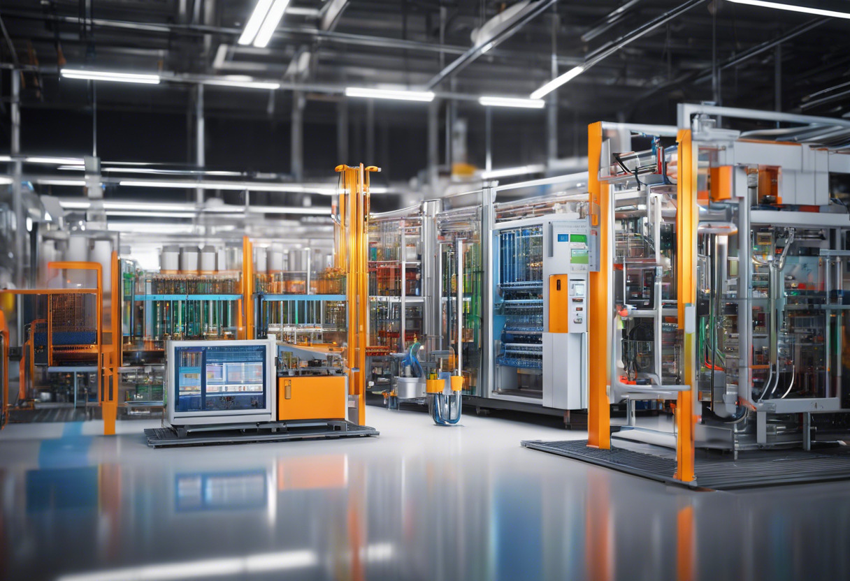 Colorful illustration of a PLC in an advanced manufacturing facility