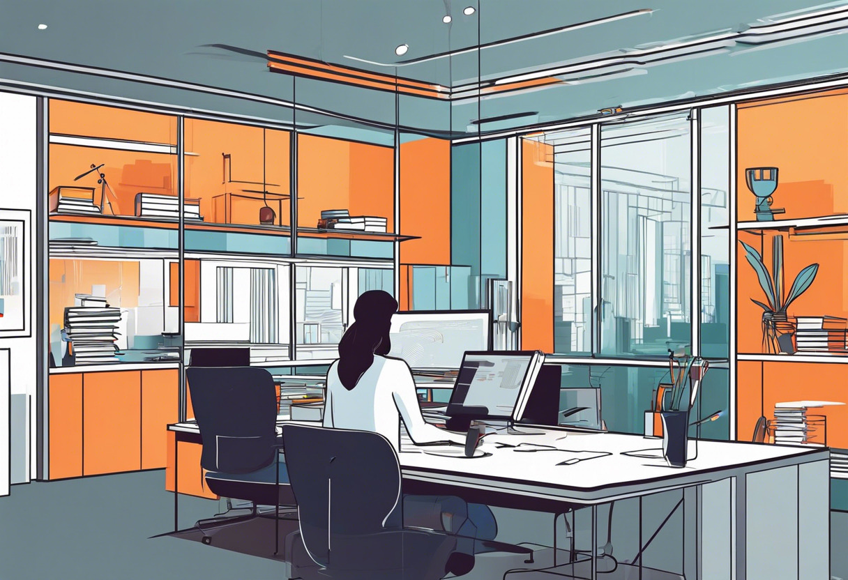 Colorful illustration of a professional exploring the Whatfix digital platform in a tech office