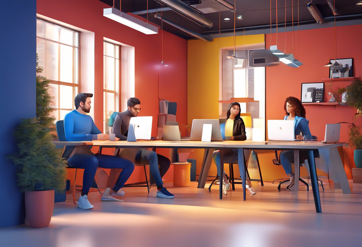 Colorful illustration of a small business team using TalentLMS for training in a co-working space
