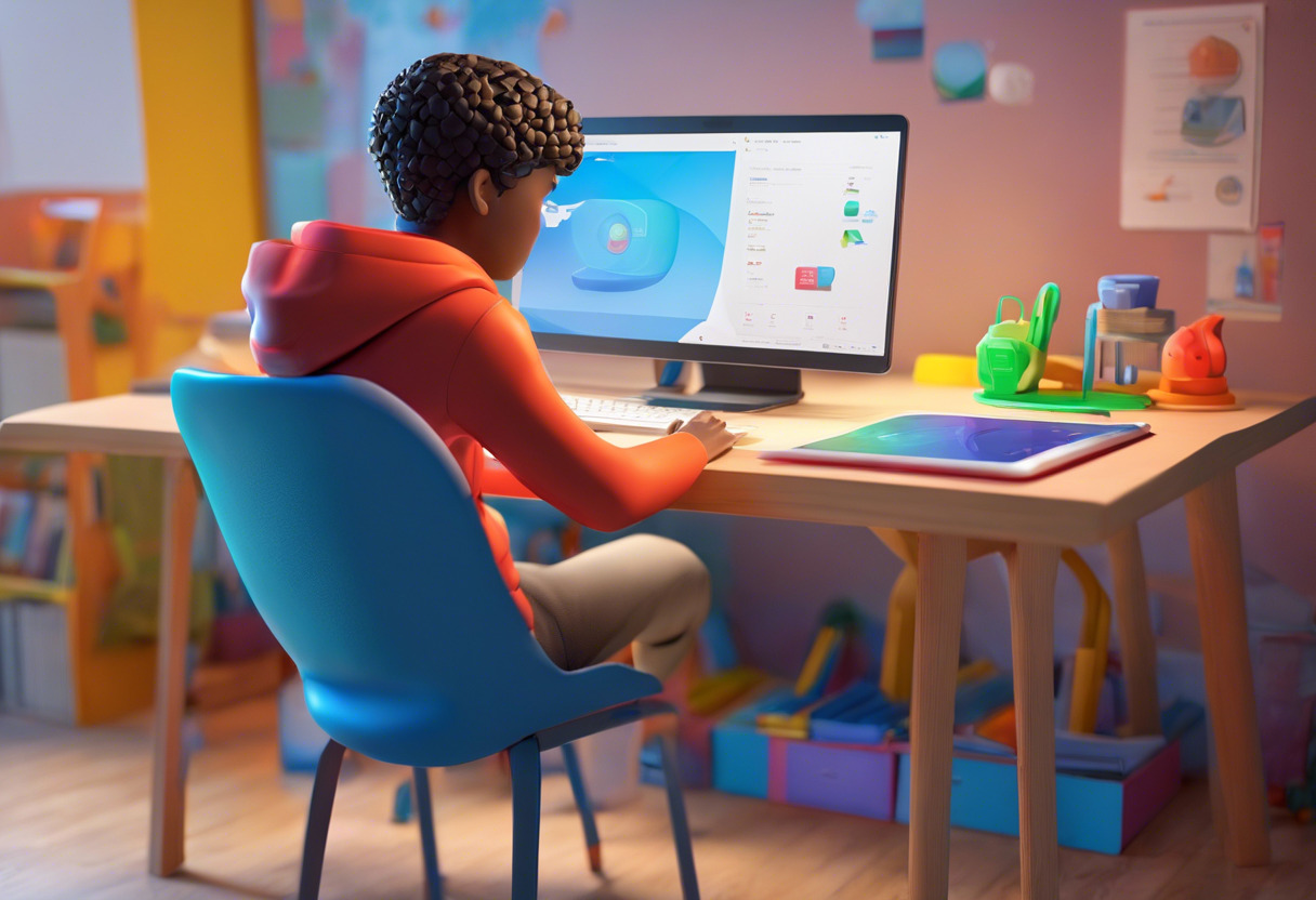 Colorful illustration of a tech-savvy student using Tinkercad on a laptop in a classroom setting