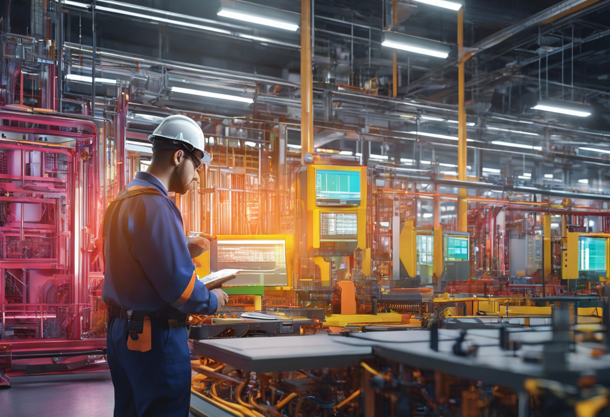 Colorful illustration of a technician managing assets using IBM Maximo in a bustling factory