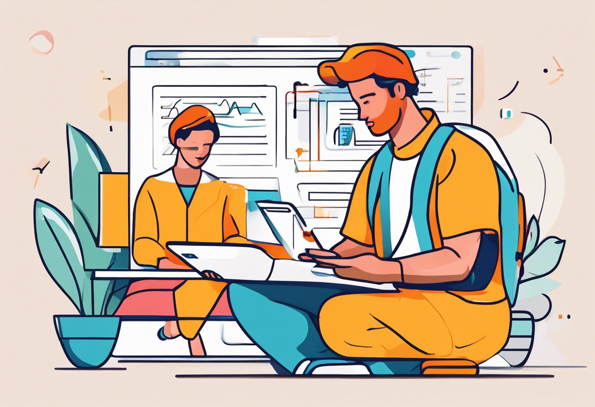 Colorful illustration of an academic and a business owner exploring the features of TalentLMS on their devices