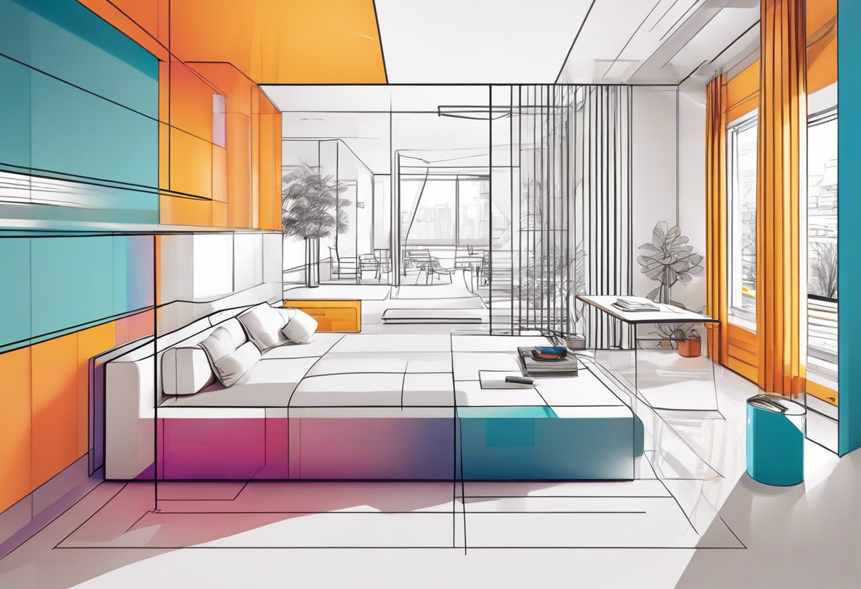 Colorful illustration of an architect capturing a room's contours using Polycam on her iPad