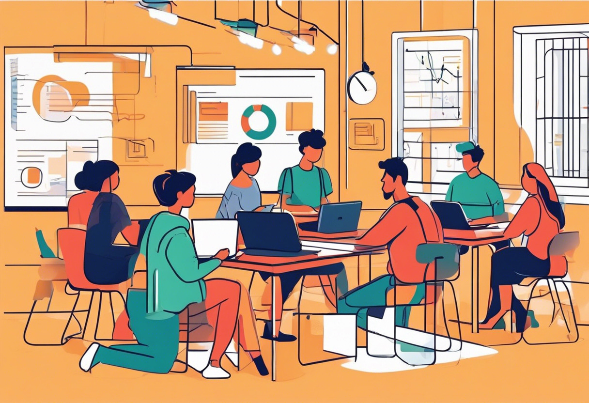 Colorful illustration of an online classroom scene bustling with activity showing diverse students and instructor interacting on Diverso's platform