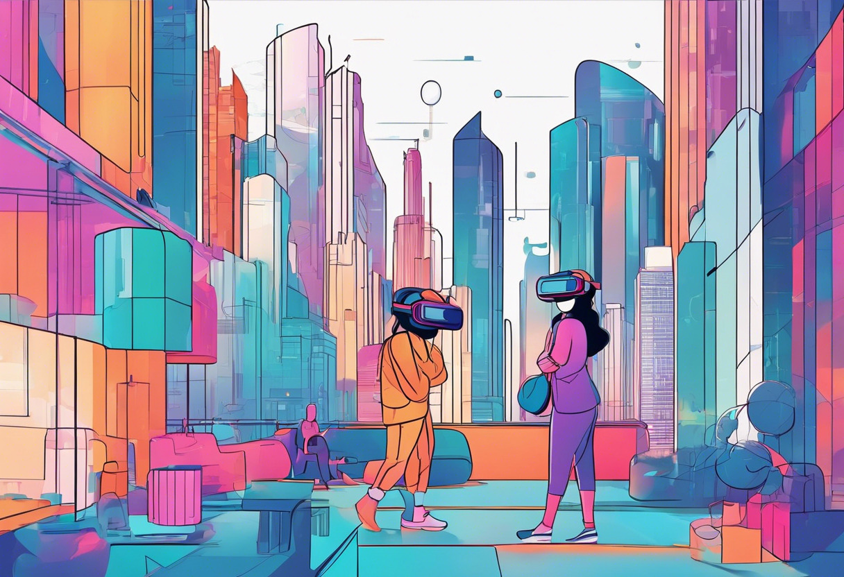 Colorful illustration of animated characters interacting in a virtual reality cityscape