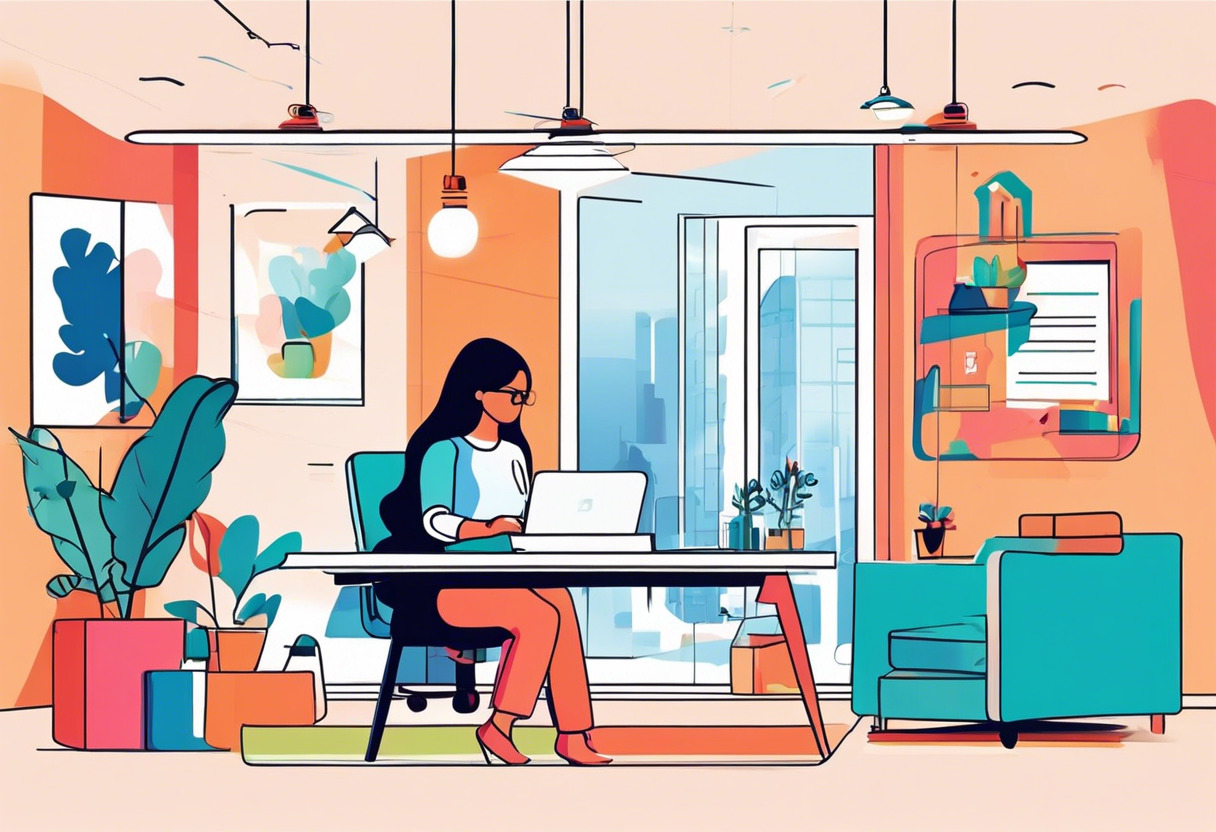 Colorful Illustration of Canva user designing marketing material in an office space