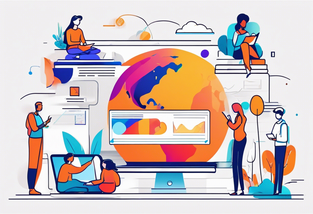 Colorful illustration of diverse global users interacting with Moodle on various devices