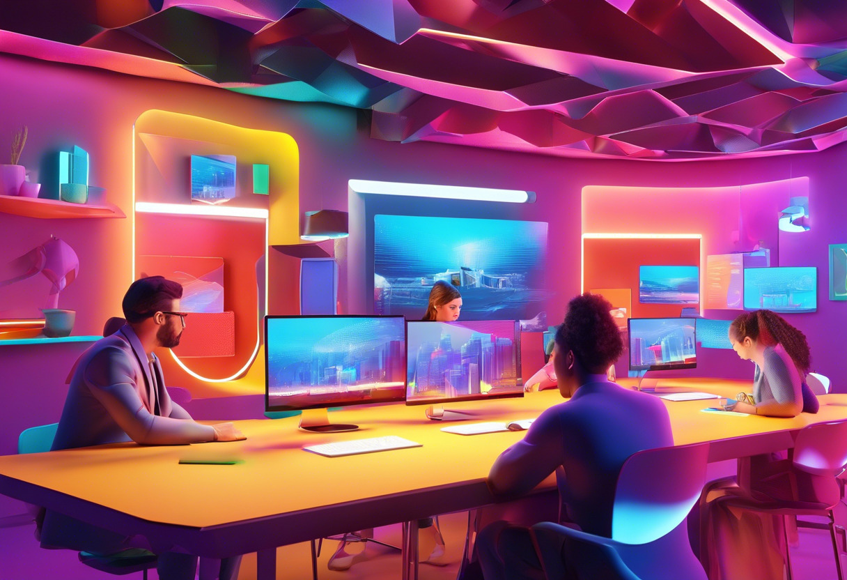 Colorful illustration of professionals creating an interactive e-course in a vibrant digital workspace