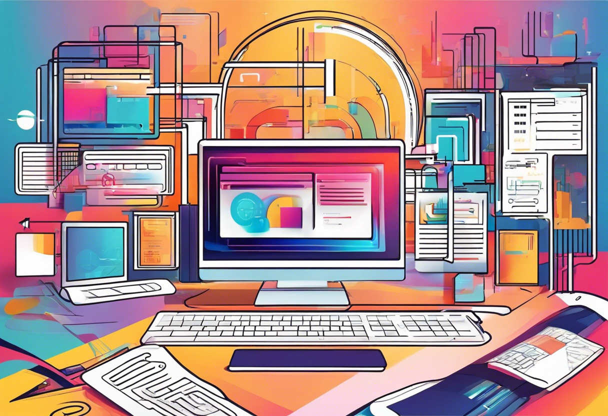 Colorful illustration of Webflow interface against a backdrop of digital designs