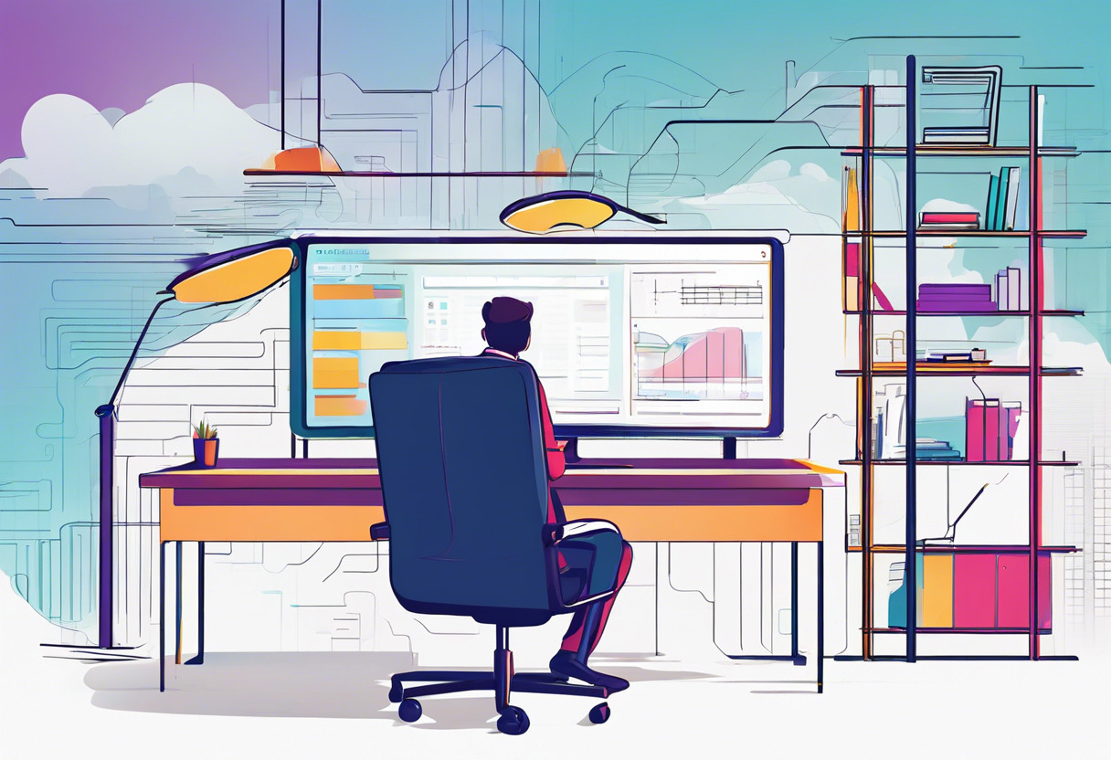 Colorful illustration of WorkRamp's cloud-based platform, depicting a business executive in a modern workspace