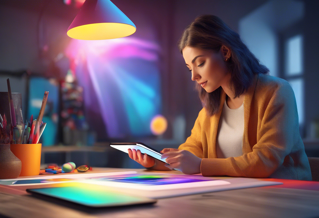 Colorful illustrator using Affinity Designer on an iPad within a modern design studio