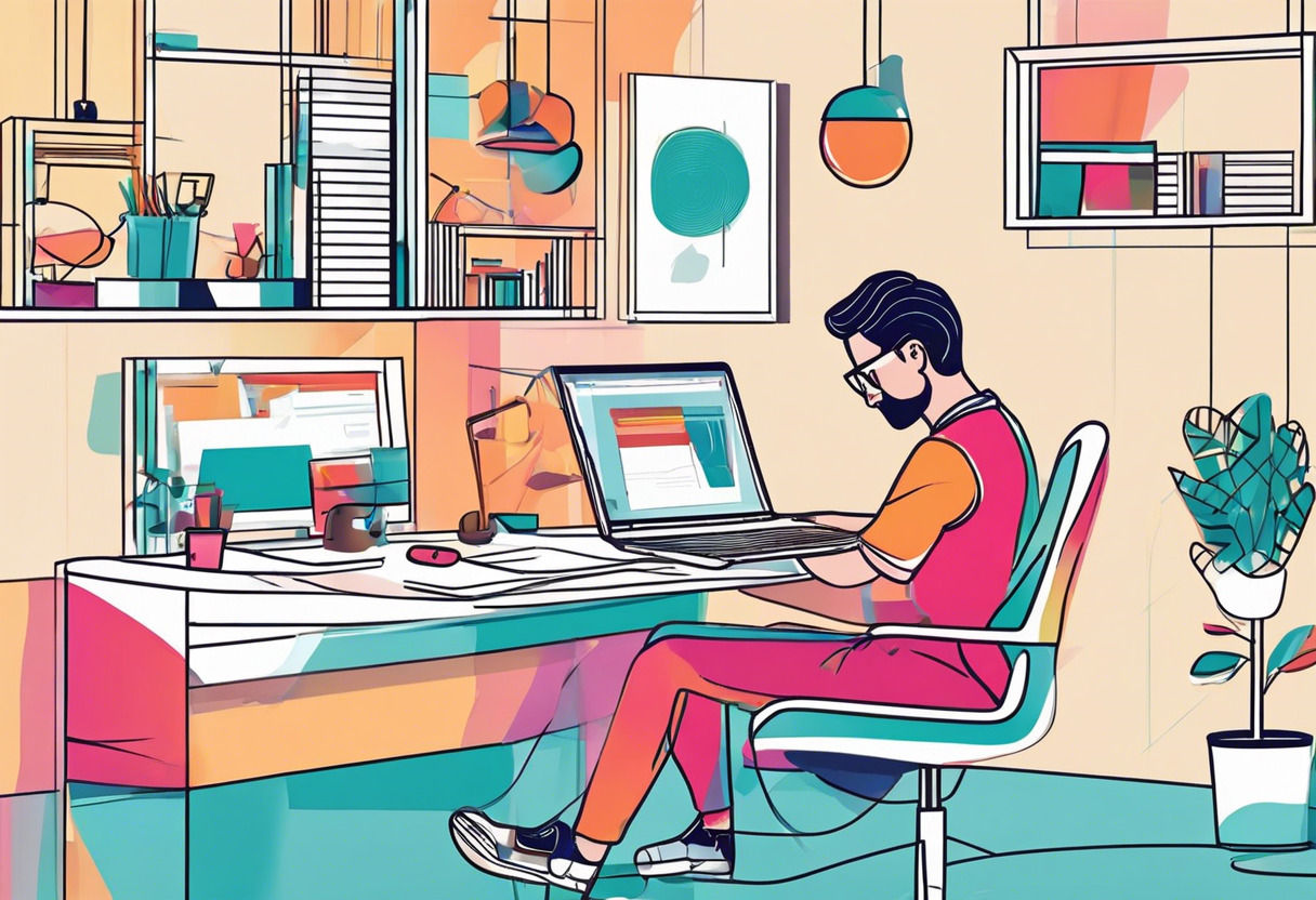 Colorful Image depicting a dedicated Webflow user working on website design at a modern workplace