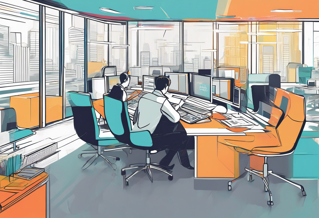 Colorful image depicting a professional working on a LearnDash interface in a bustling office environment