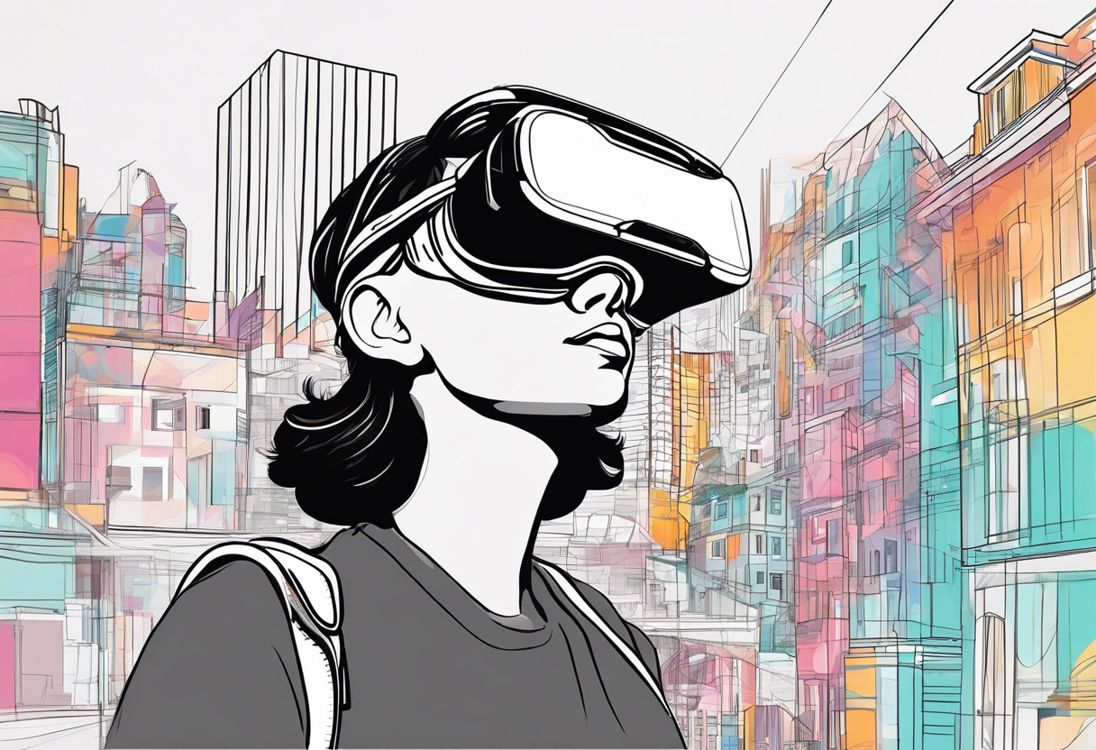 Colorful image depicting a user enthusiastically exploring Imaginary cityscapes wearing a Pico 4 VR headset