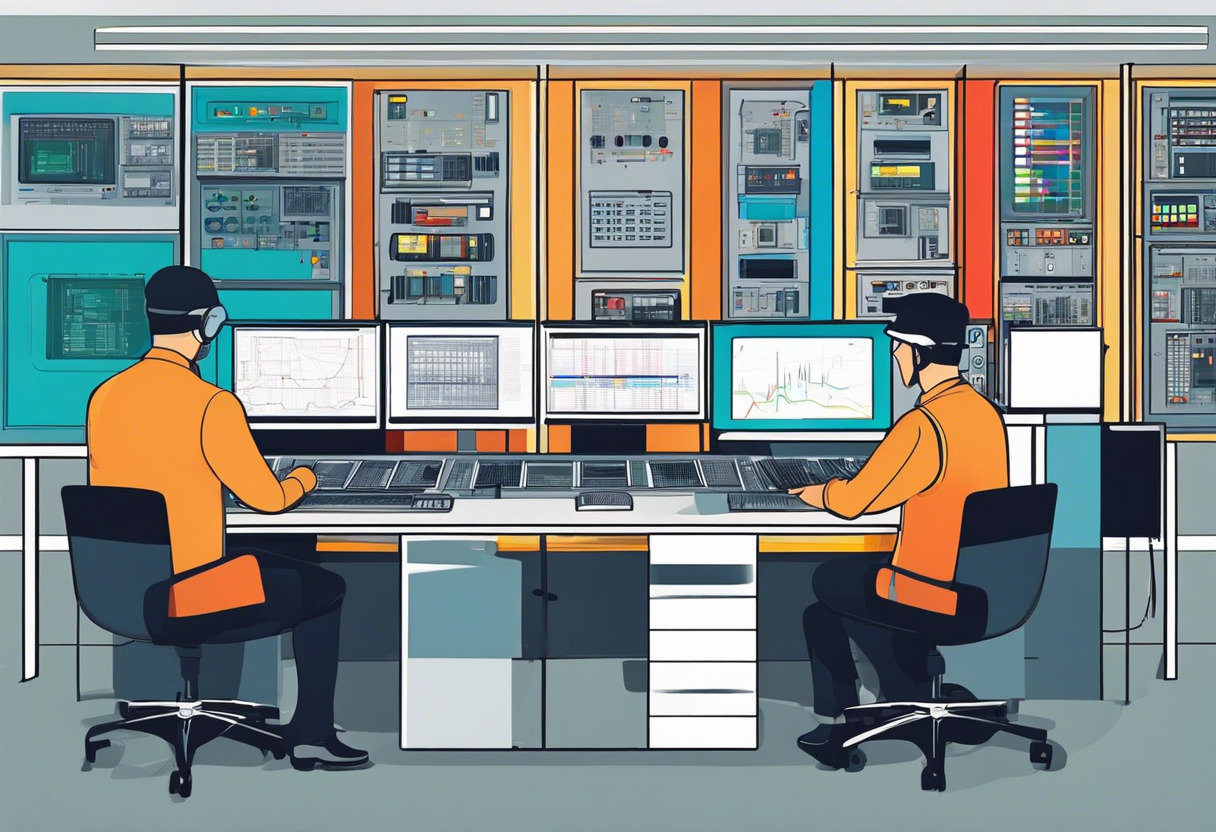 Colorful image depicting an industrious control center manned by operators monitoring SCADA systems